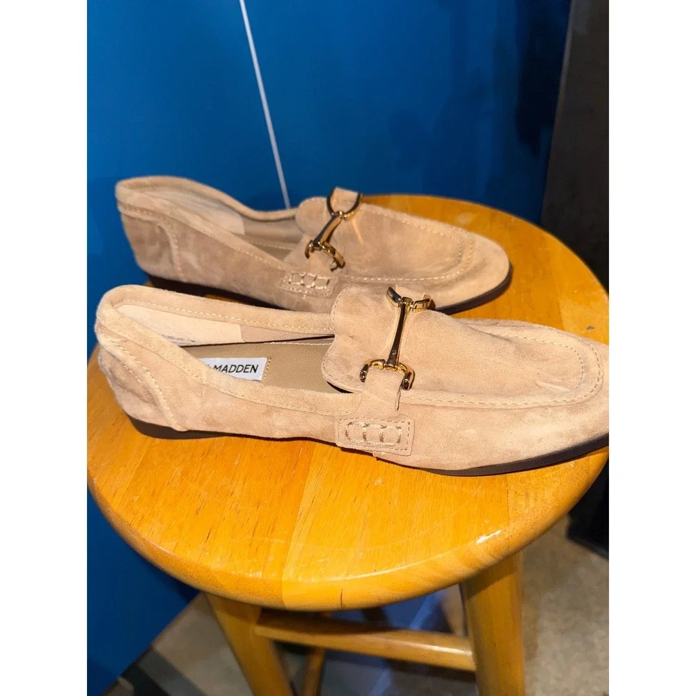 Steve Madden Tan Suede Bit Loafers Gold Hardware Slip On Flats Womens 7.5 - Picture 5 of 11